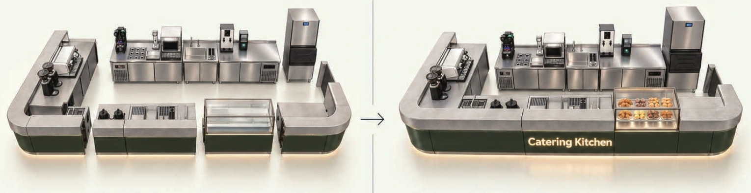 The coffee bar shown as separated modules and in its assembled configuration.