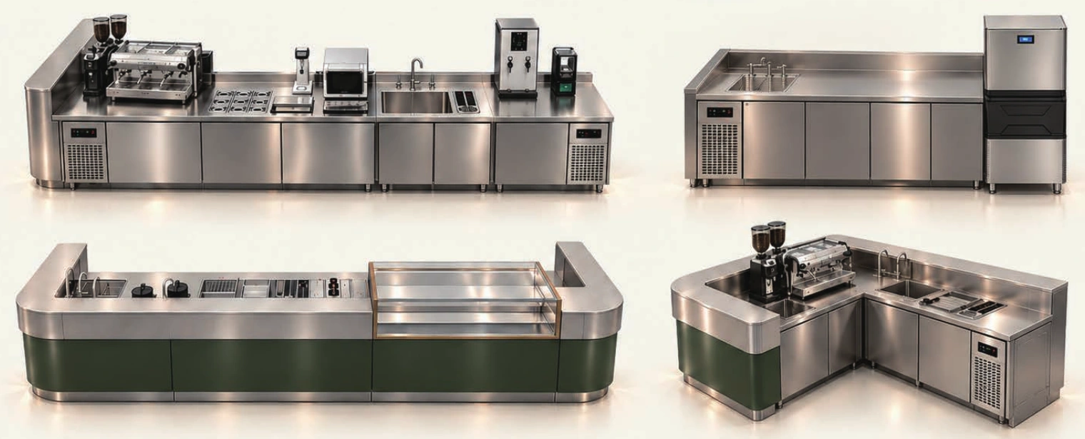 Equipment and workstations integrated into different coffee bar counter modules.