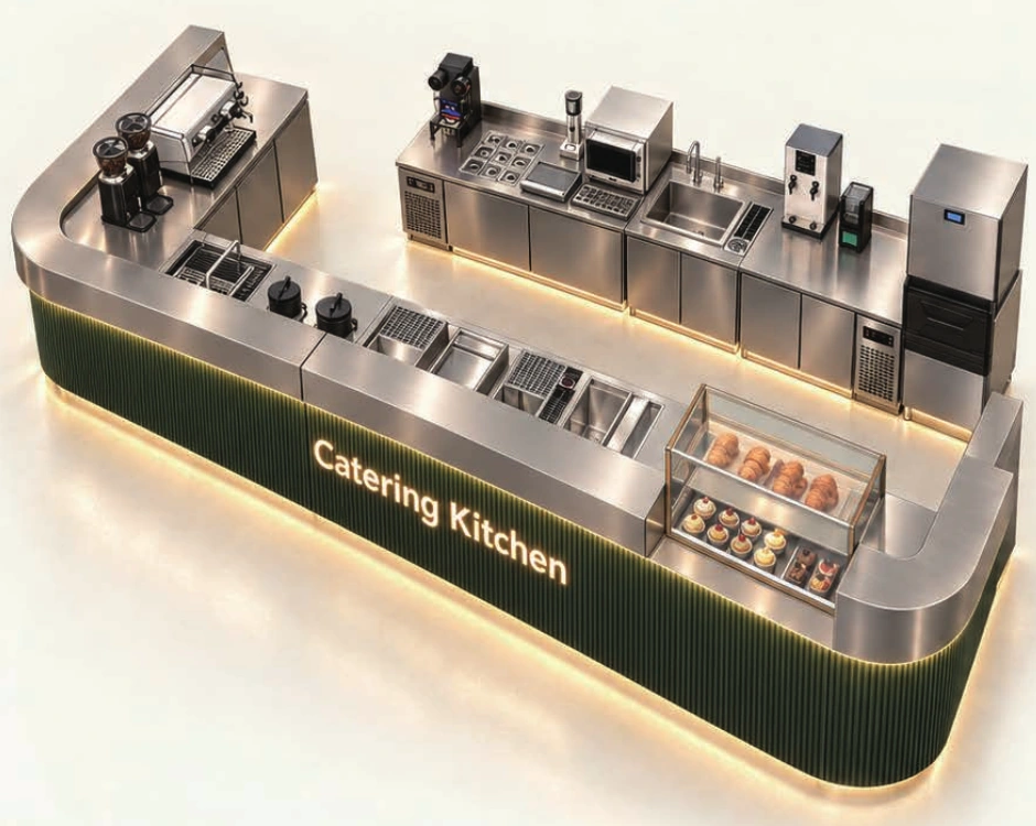 CK green counter facade, stainless-steel surfaces and integrated warm lighting in the coffee bar concept.