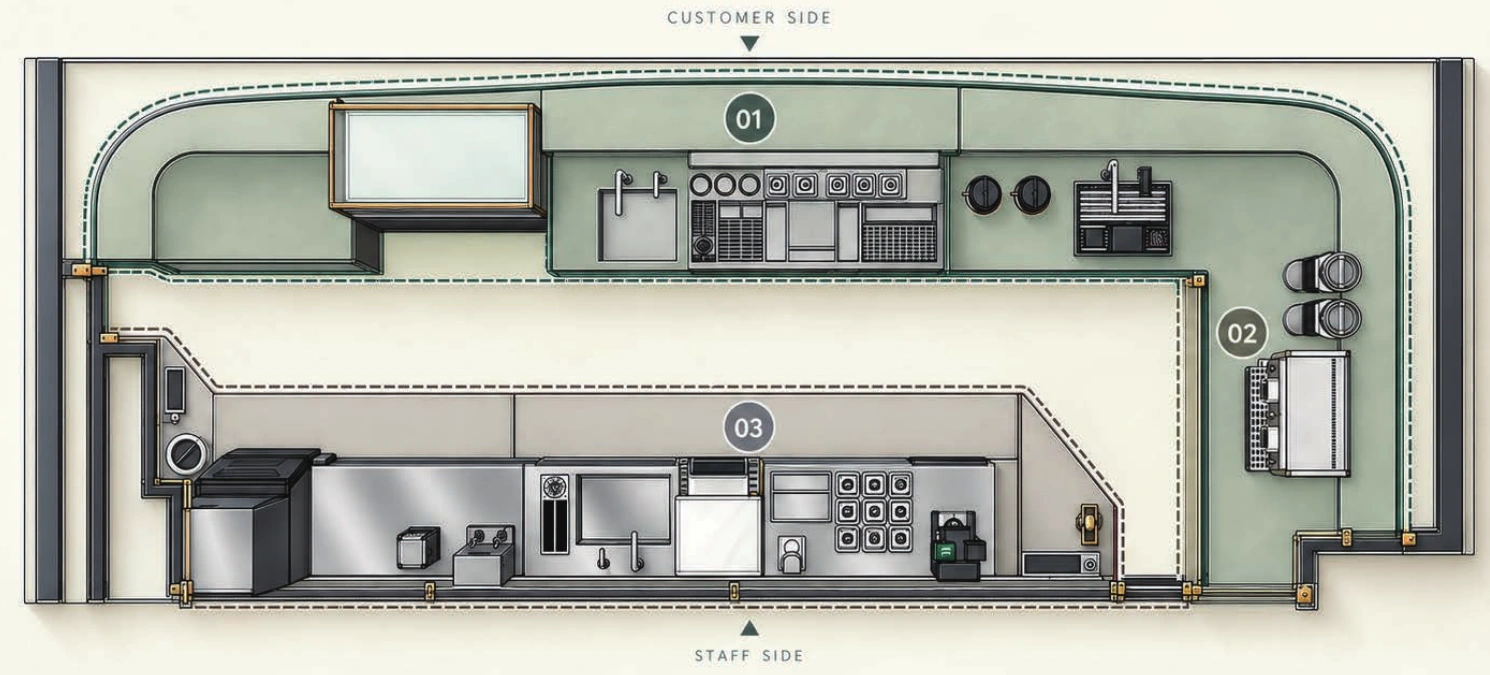 Plan diagram of the island counter, espresso counter and lower counter.