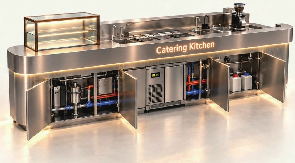 Open access panels showing the wet zone and internal service area of a coffee bar.