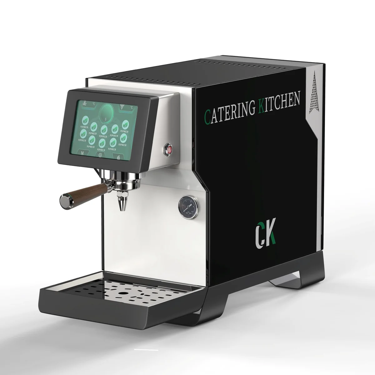 CK-002 smart tea brewer showing the touchscreen, brew-head handle, pressure gauge, power switch and acrylic side panel